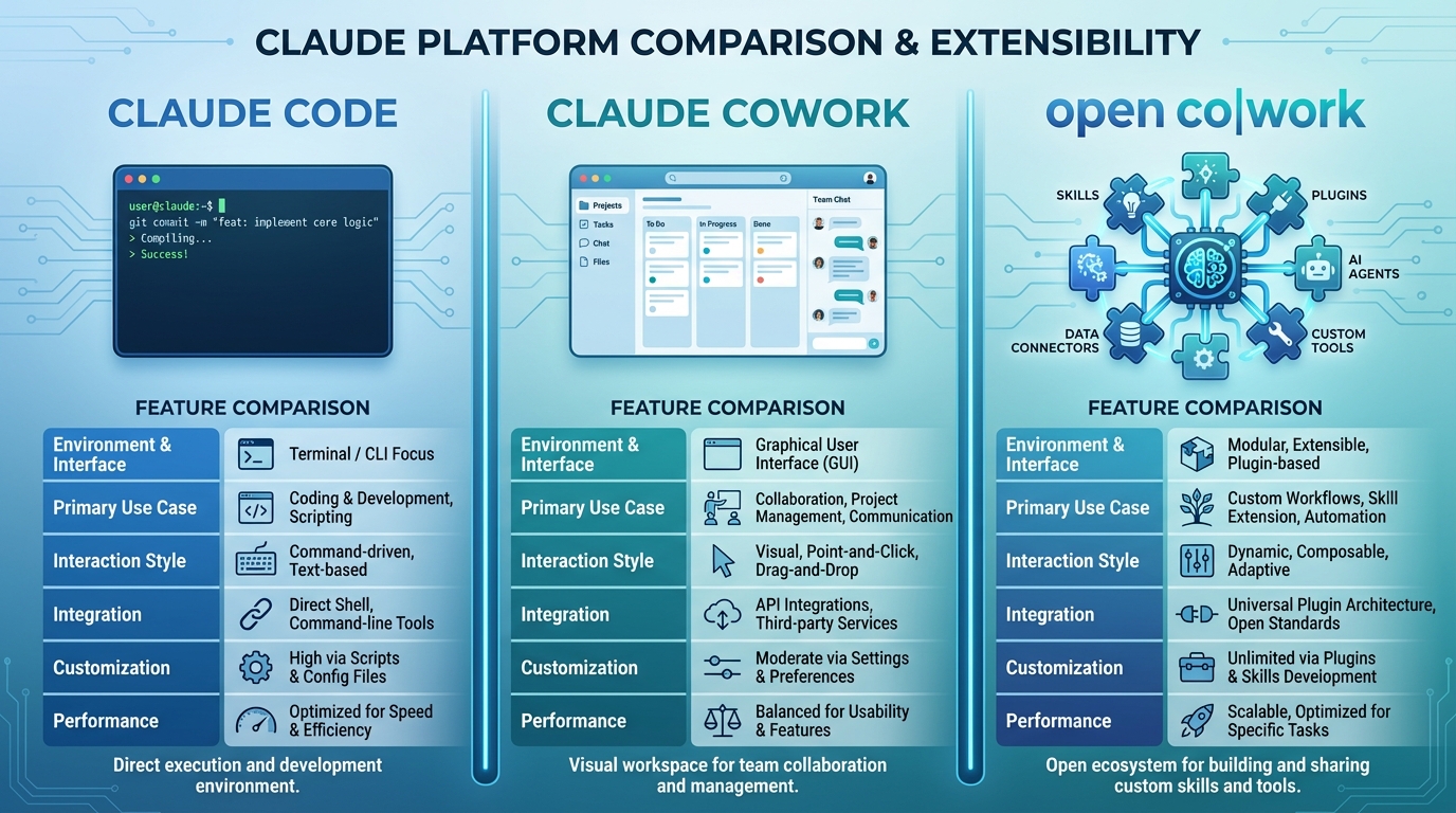 Claude Code vs Claude Cowork vs open co|work comparison